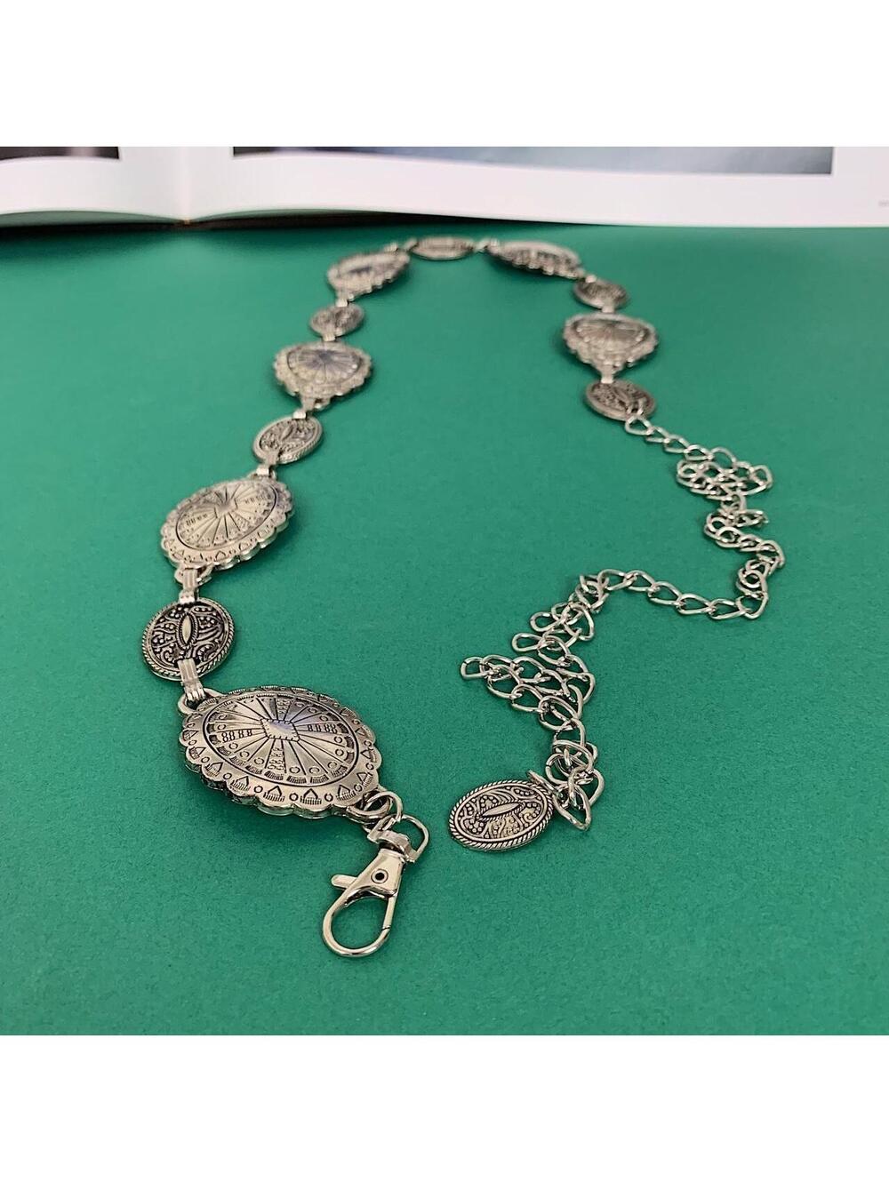 Silver western belt with silver buckle and metal sun and moon charms. Fits most - Picture 4 of 8